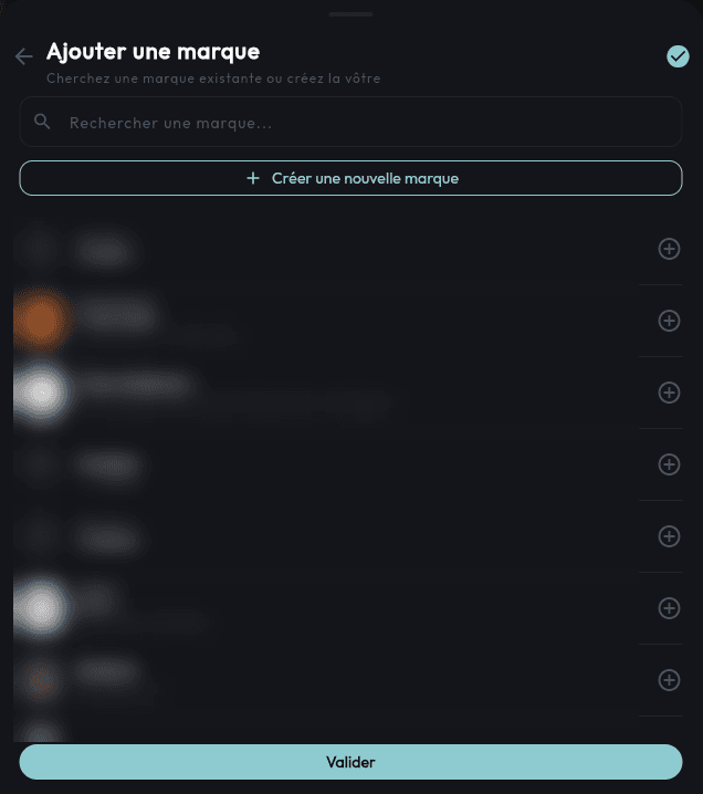 Fenêtre « Ajouter une marque » de l'application OpenSkinDiag : la professionnelle choisit parmi les marques déjà référencées ou crée la sienne