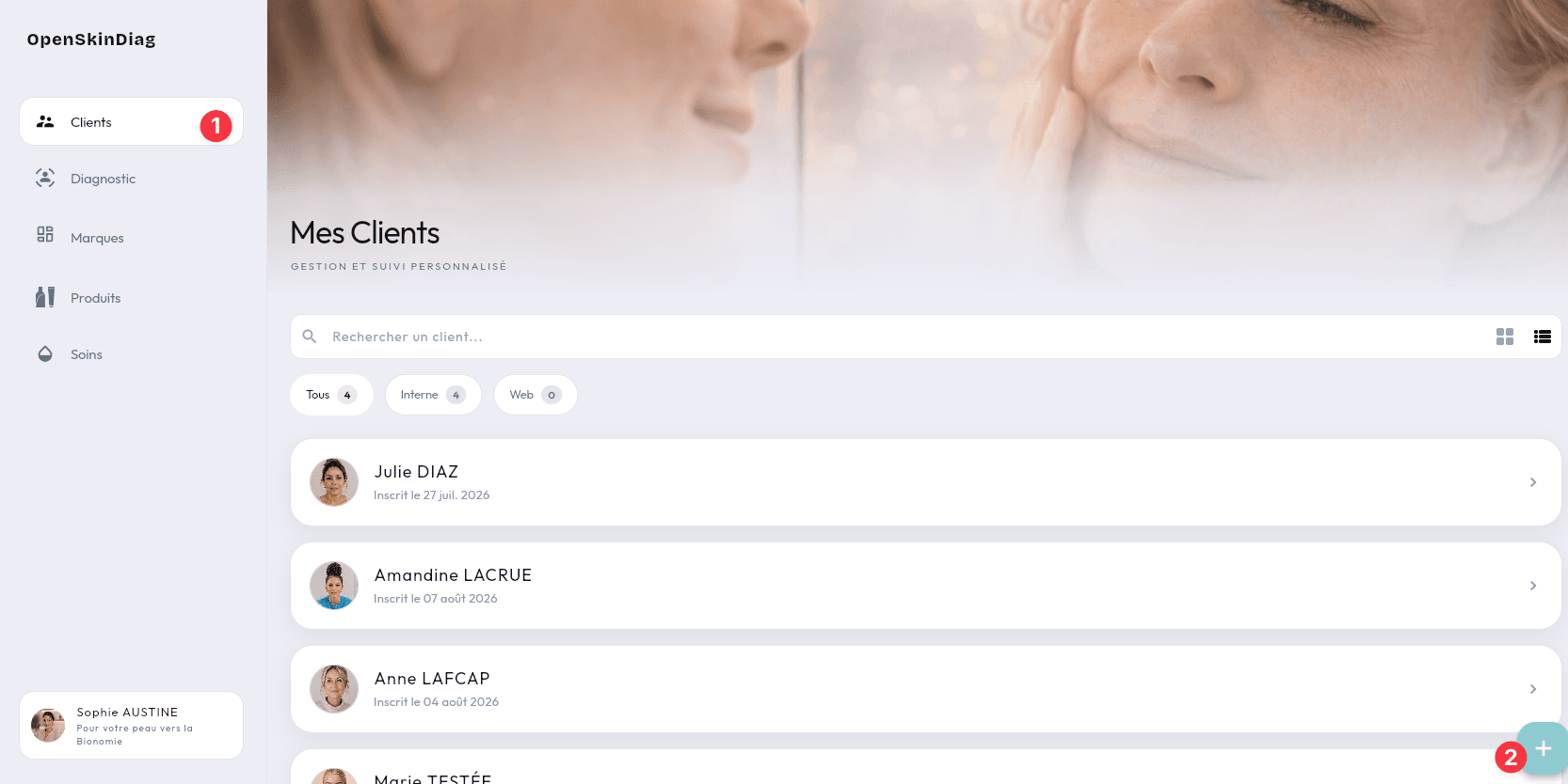 Onglet Mes Clients : 1 onglet Clients, 2 bouton + pour ajouter un client