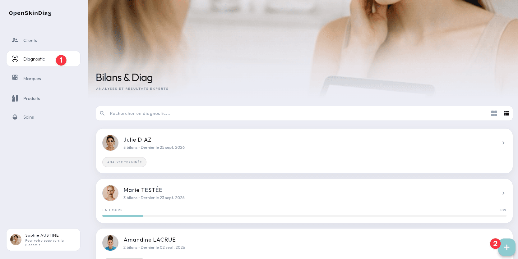 Page Bilans et Diag : 1 menu Diagnostic, 2 bouton + pour ajouter un diagnostic