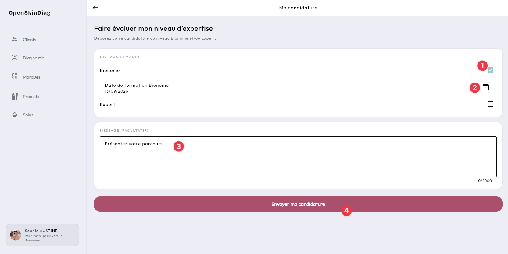 Page Ma candidature : 1 niveau demandé, 2 date de formation Bionome, 3 message, 4 Envoyer ma candidature