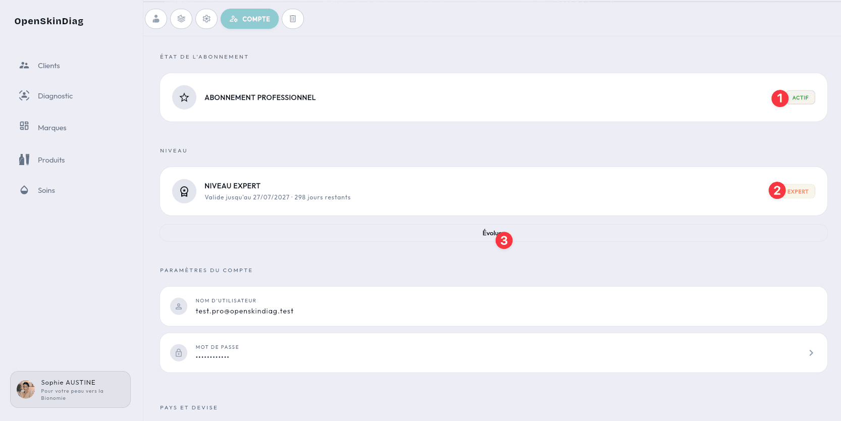 Onglet Compte : 1 état de l’abonnement, 2 niveau d’expertise, 3 bouton Évoluer