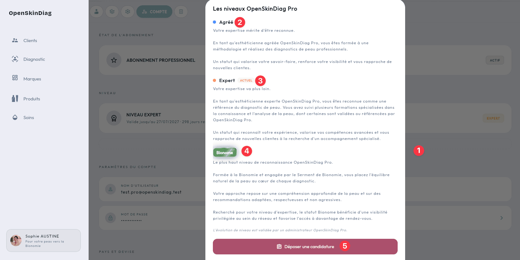 Fenêtre Les niveaux OpenSkinDiag Pro : 1 fenêtre, 2 Agréé, 3 Expert, 4 Bionome, 5 Déposer une candidature