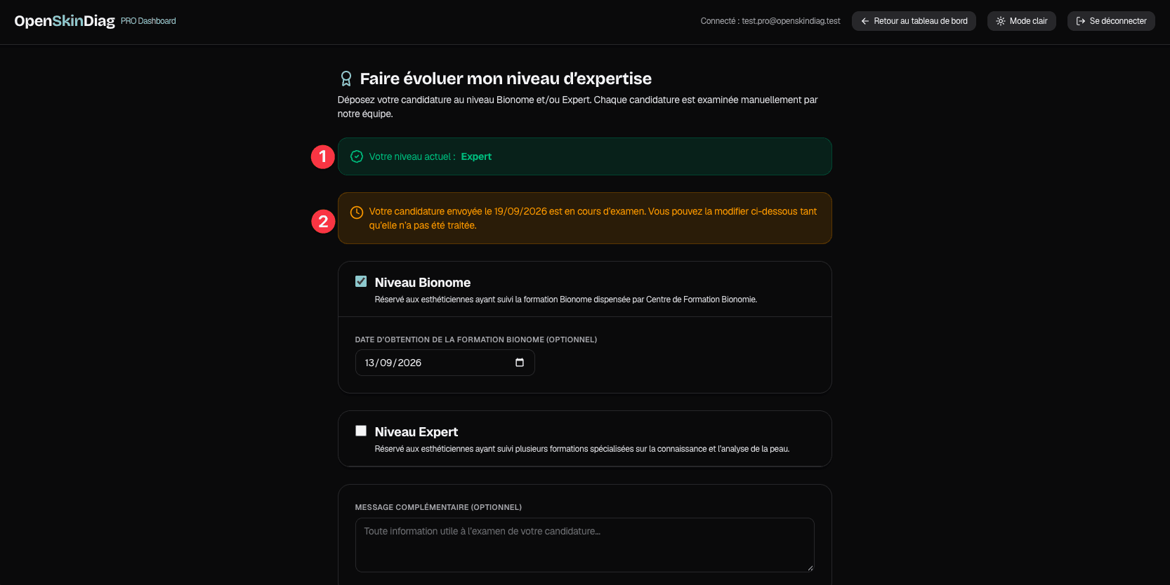 Page Faire évoluer mon niveau d’expertise : 1 niveau actuel, 2 candidature en cours d’examen