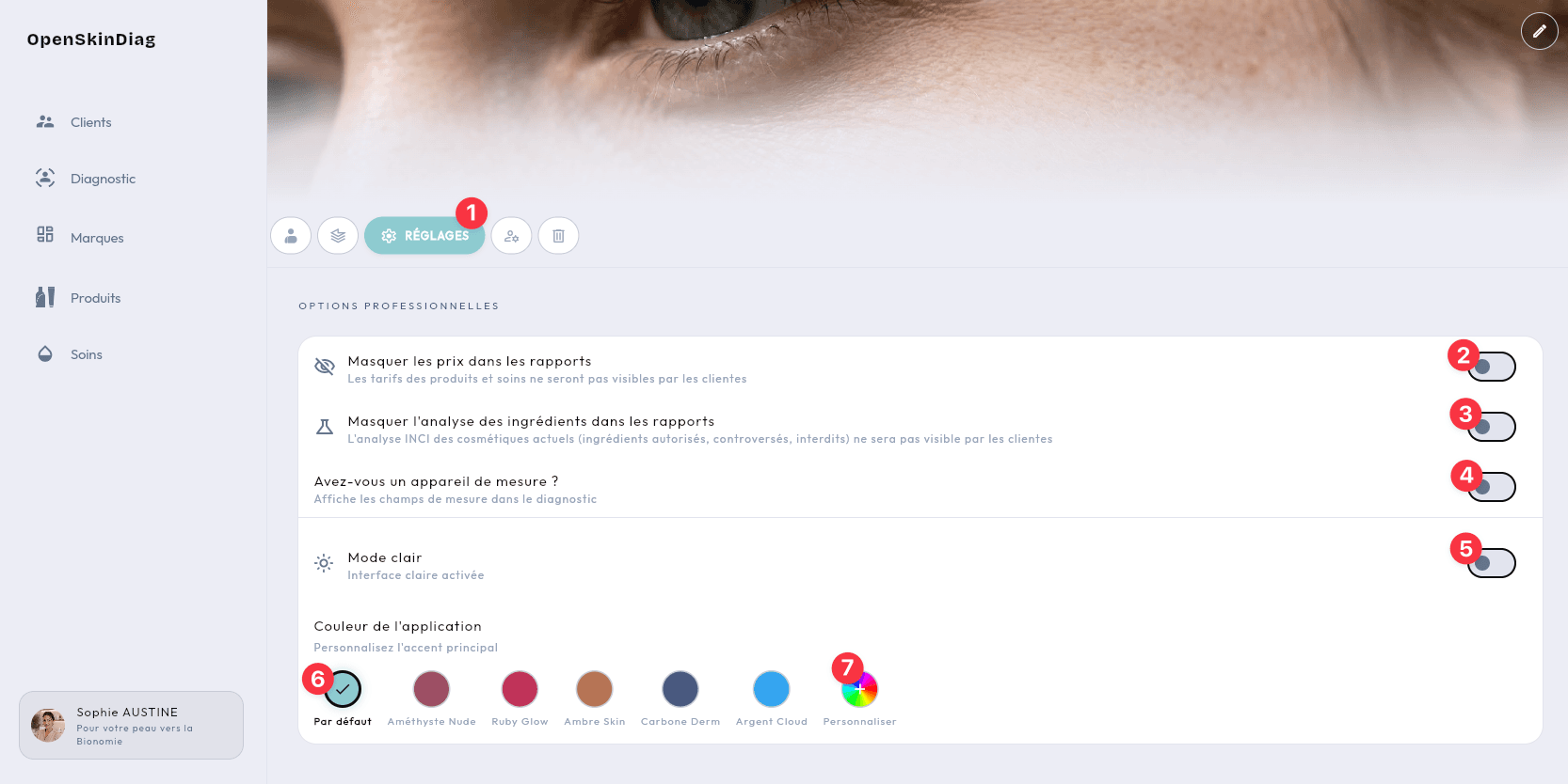 Onglet Réglages du profil : 1 onglet Réglages, 2 masquer les prix, 3 masquer l’analyse des ingrédients, 4 appareil de mesure, 5 mode clair, 6 couleurs prédéfinies, 7 couleur personnalisée